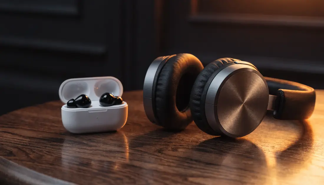 Over-ear headphones and wireless earbuds on a wooden desk